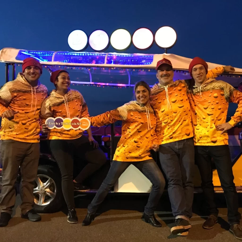 Dressed for craft beer event shuttle with Lucky Tuk Tuk